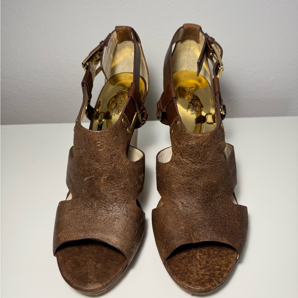 Michael Kors Brown Leather Wedge Sandals - Picture 3 of 5